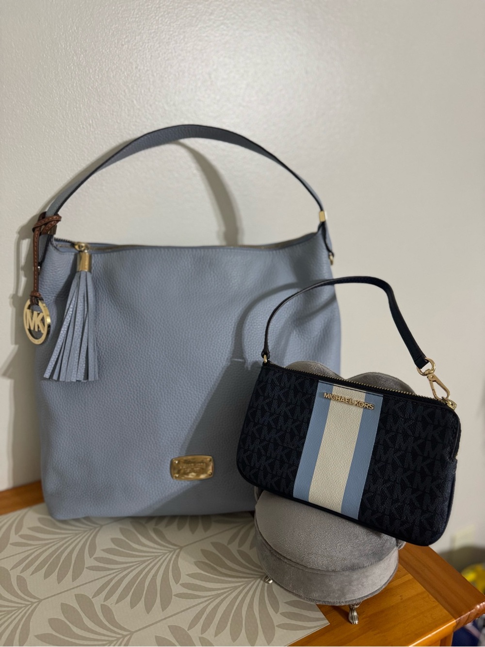 Michael Kors Light Blue Leather Hobo Bag with Tassel and Wristlet